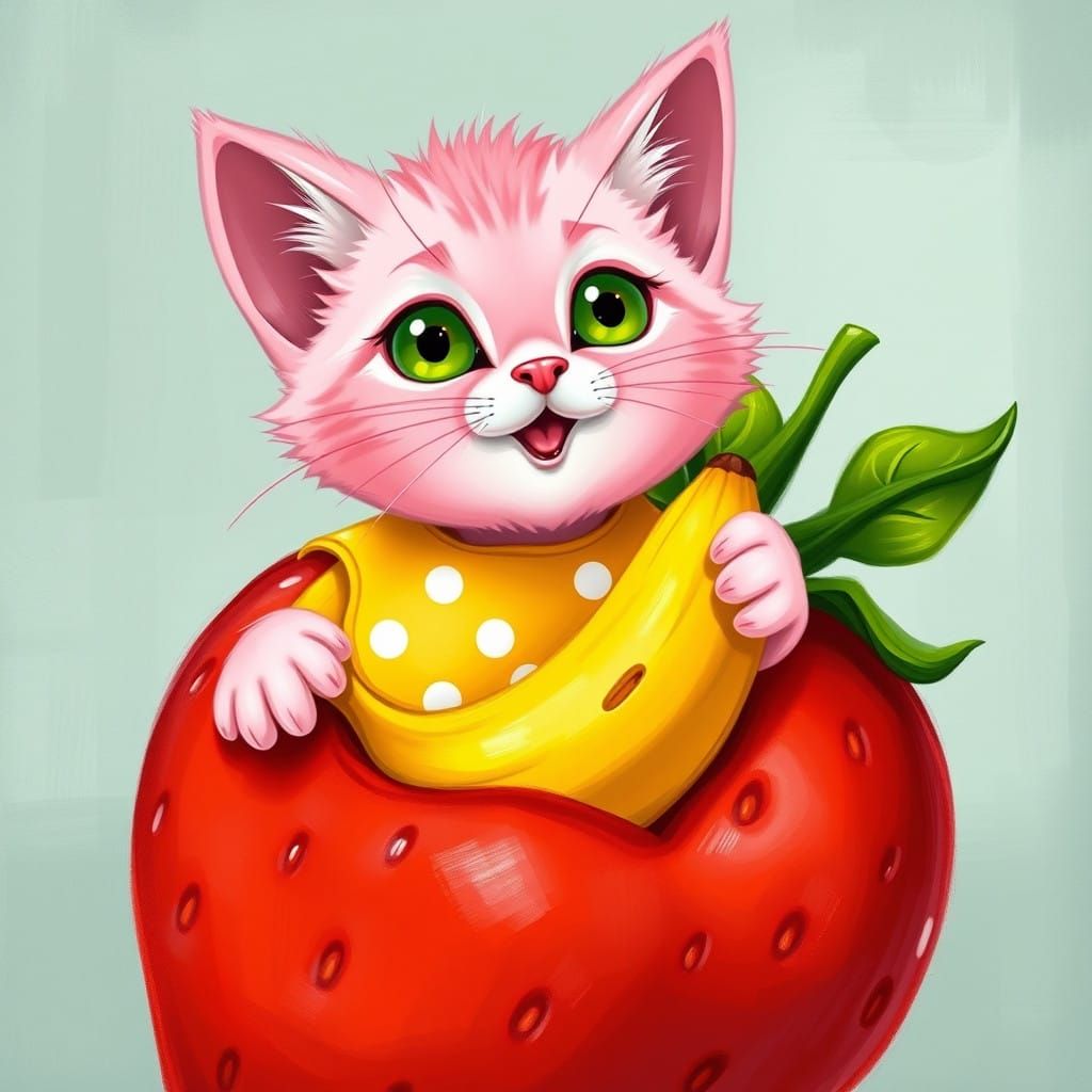Cute Pink Kitten in a Red Strawberry Eating a Banana in Cart...