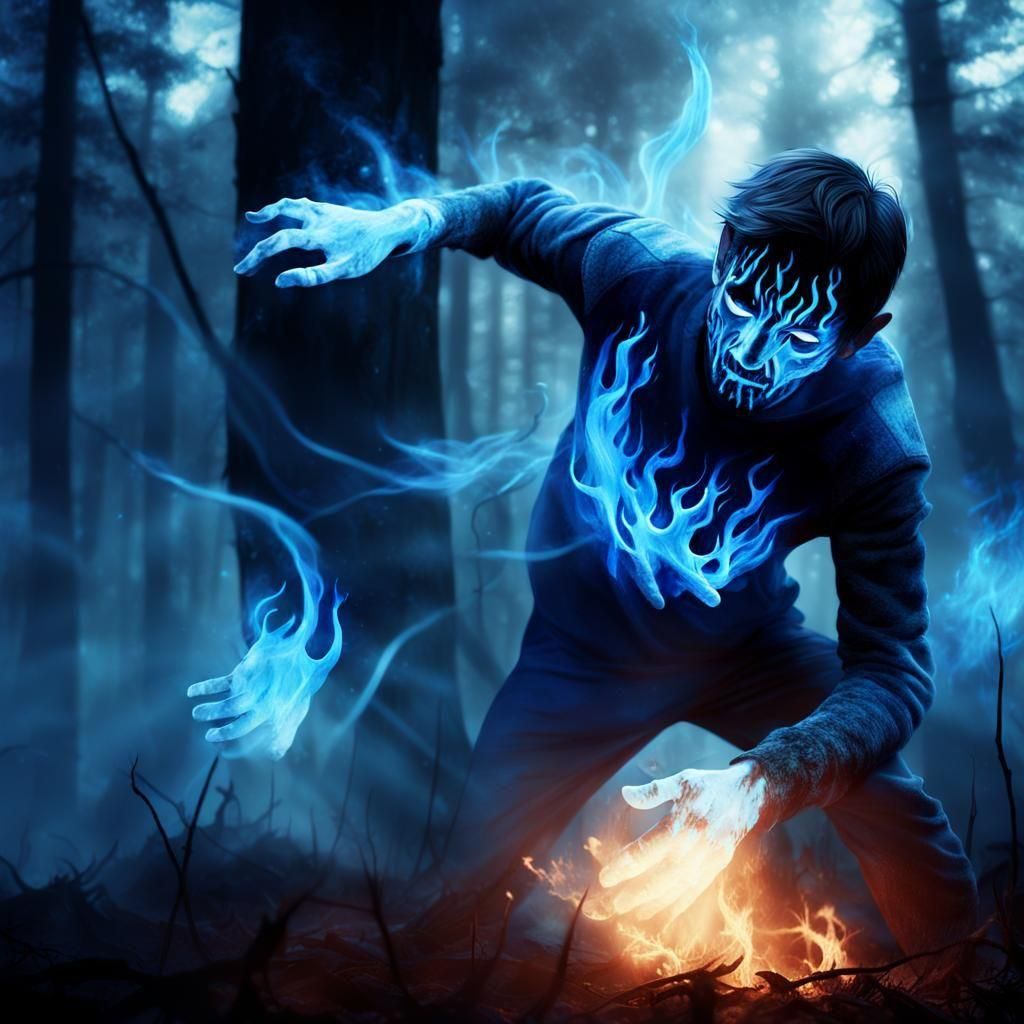Glowing Blue Fire Man in Dark Forest
