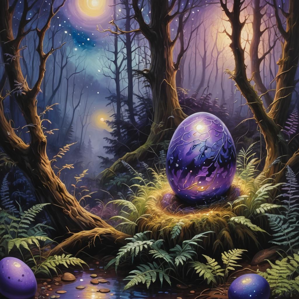 Giant Egg Hatches in Mystical Forest: Surreal Oil Painting