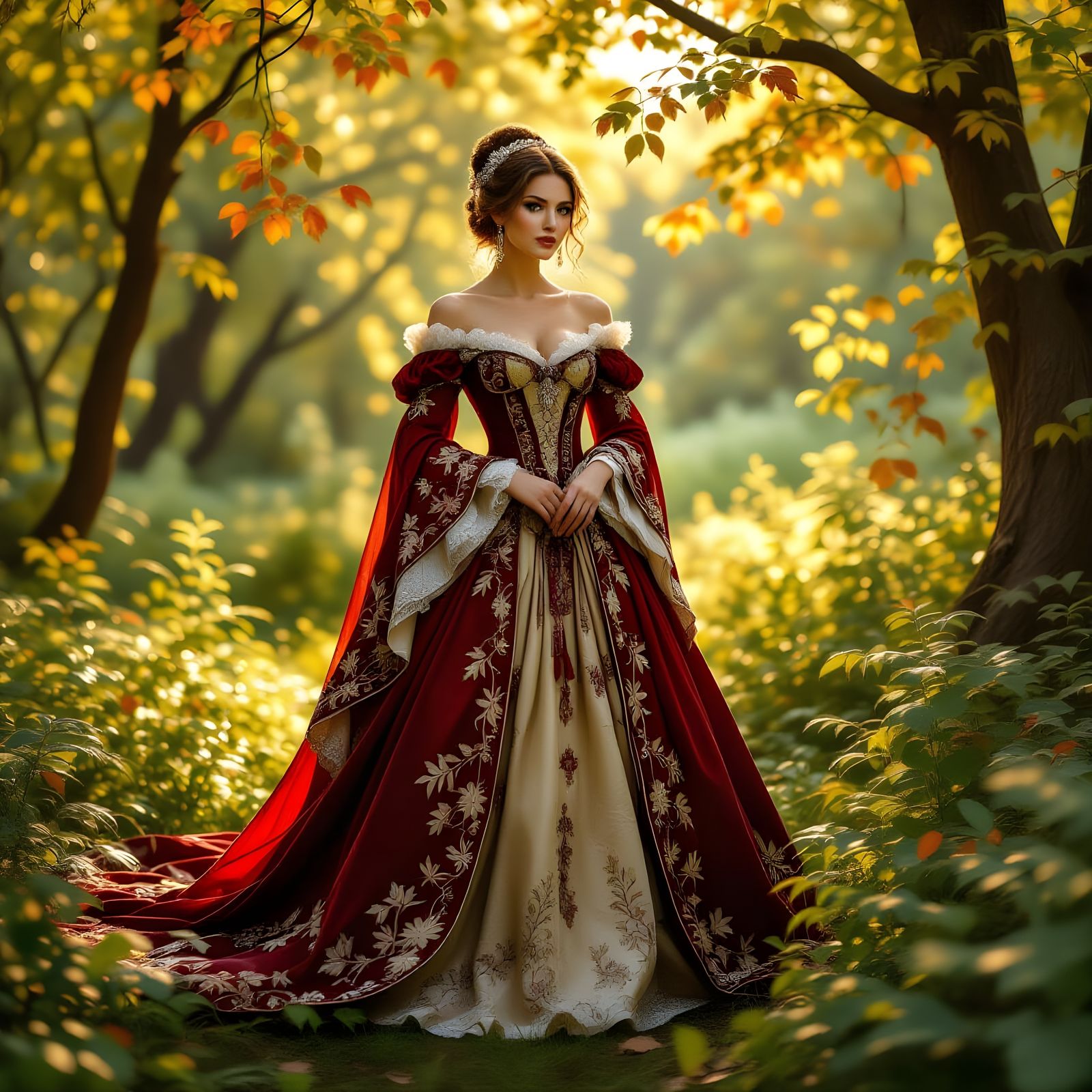 Regal Woman in Autumnal Gown in Forest Clearing