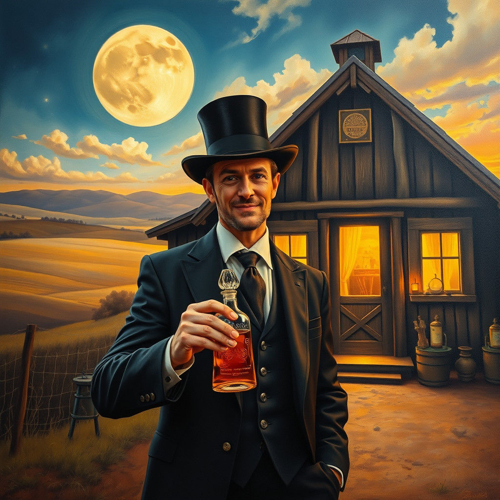 Gentleman Offers Moonshine Sample in Surreal Landscape