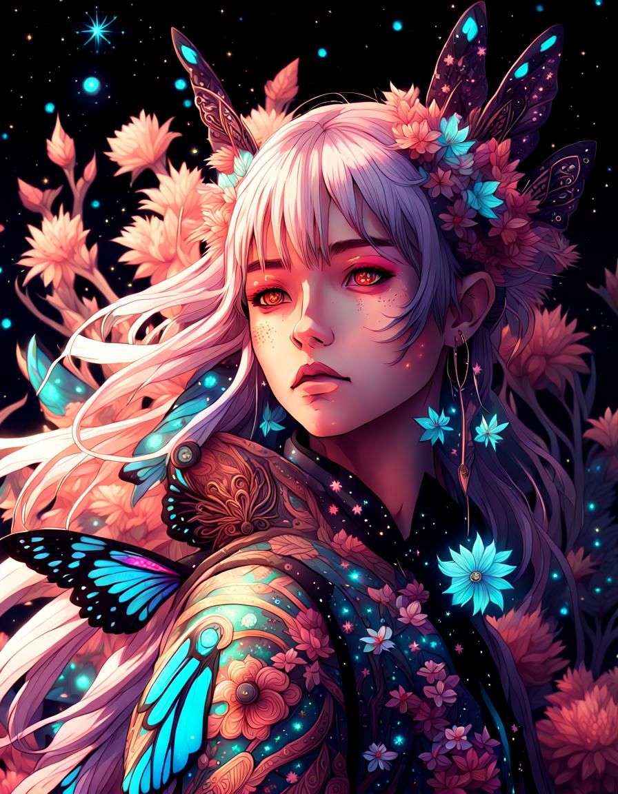 Cyberpunk Anime Fairy in Bioluminescent Forest