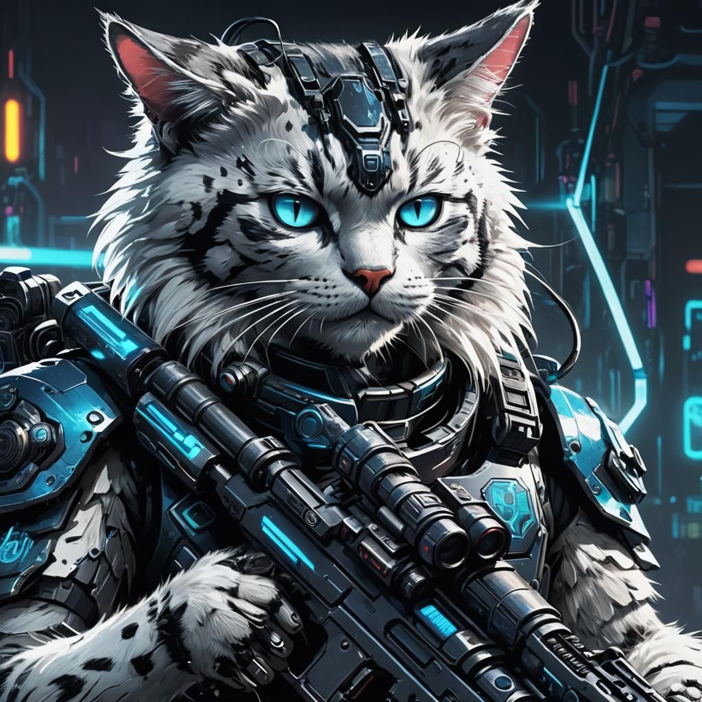 Cyberpunk Cat Warrior in Futuristic Cityscape