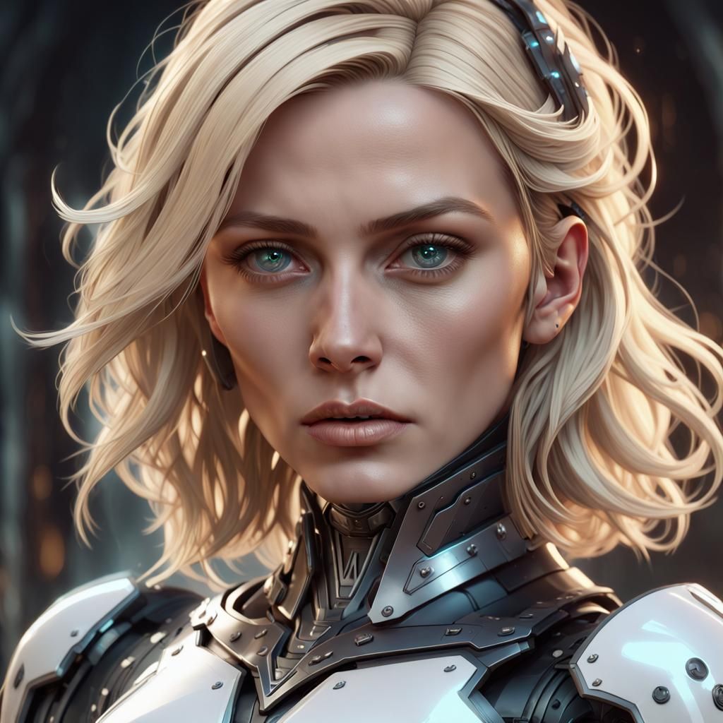 Blonde Woman in Futuristic Armor, Hyperdetailed Portrait