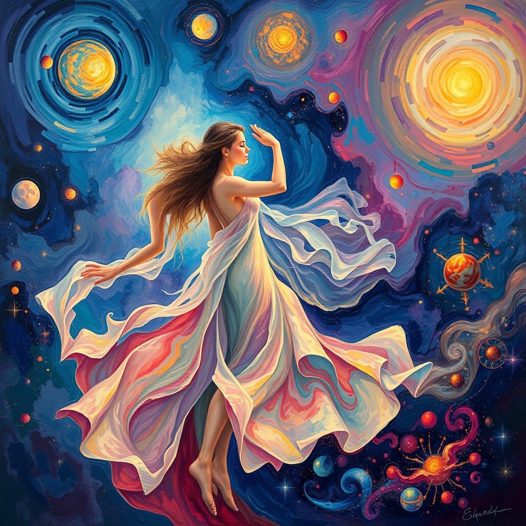 Cosmic Dance: Ethereal Figures in Neo-Impressionistic Style