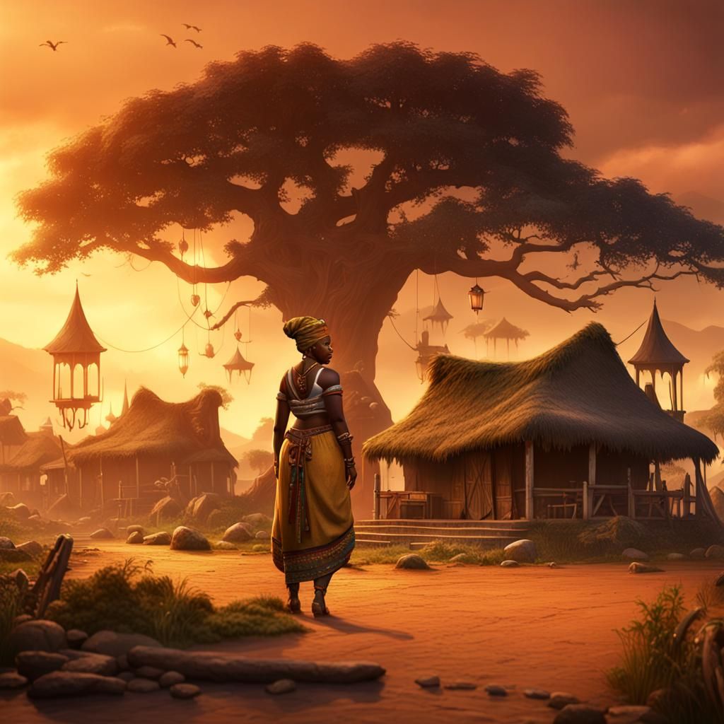 African Princess in Traditional Attire, Detailed Digital Pai...