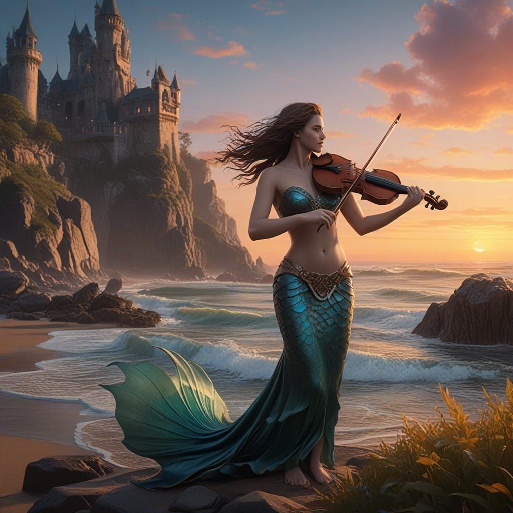 Mermaid's Seashore Serenade: A Fantasy Oil Painting