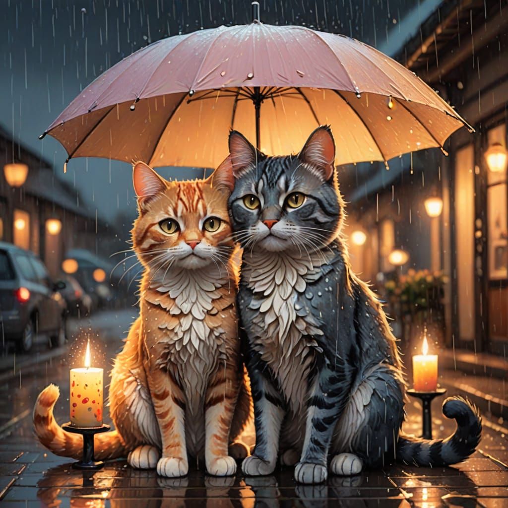 Cats Under Umbrella in Rainy Pastel Illustration