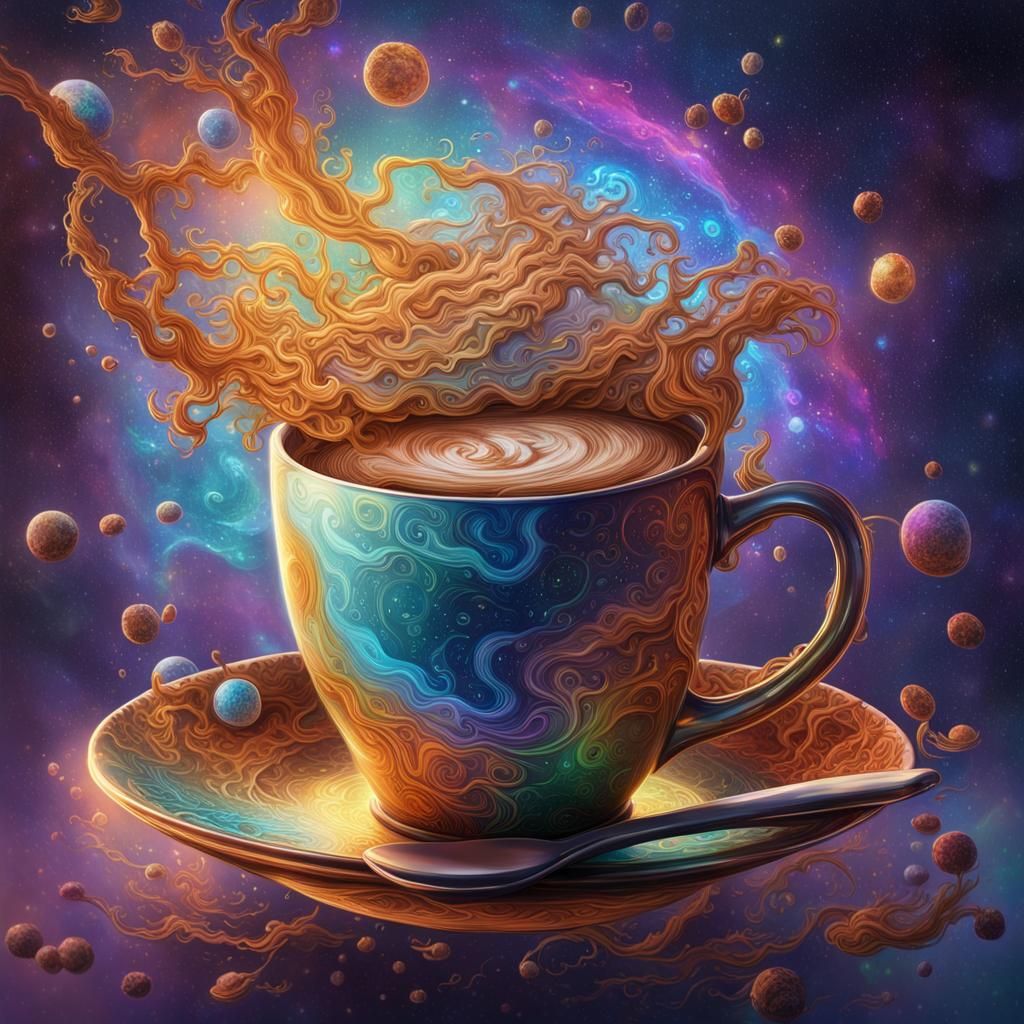 Holographic Cosmic Coffee: Hyperrealistic Mixed Media
