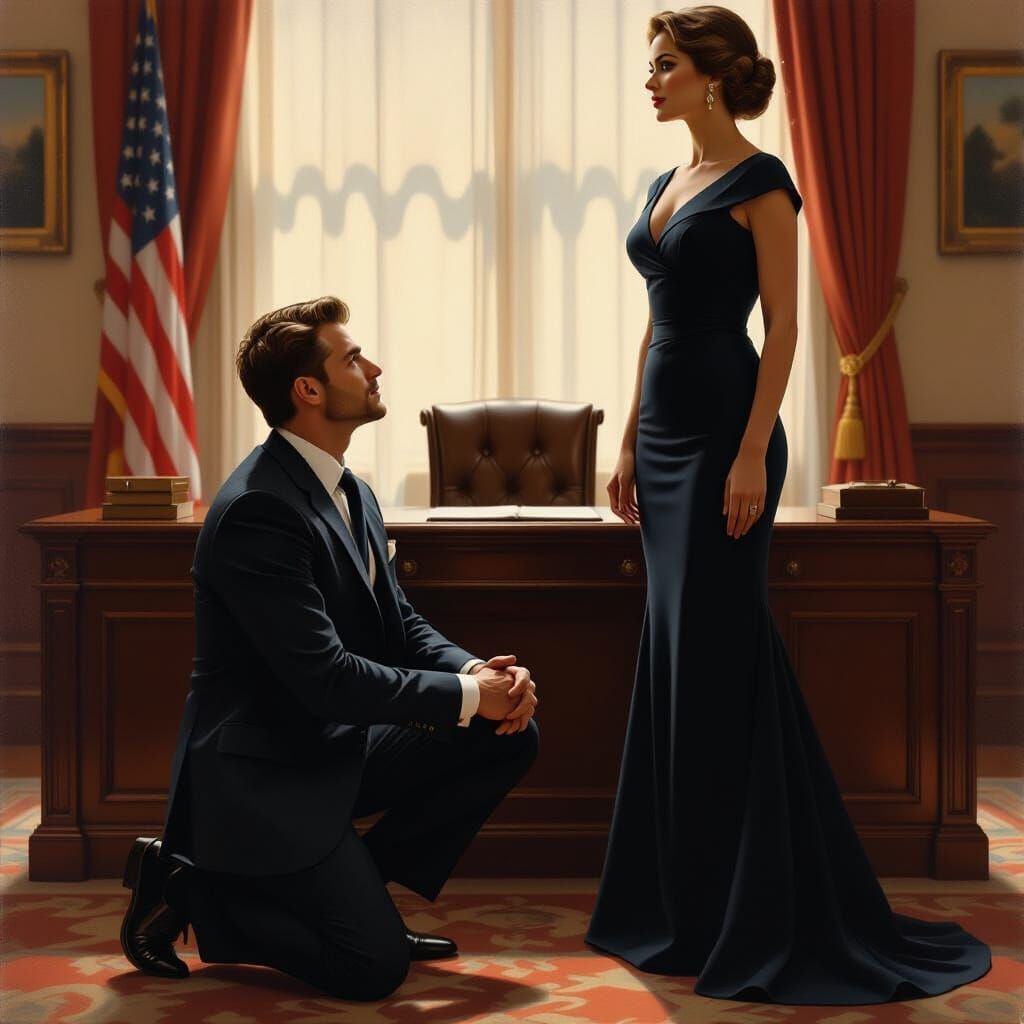 Elegant Woman Inspires Awe in Office Oil Painting