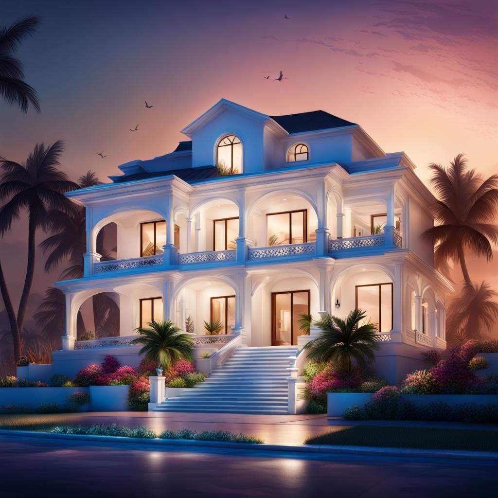 Hyperrealistic White Villa at Night in Splash Art Style