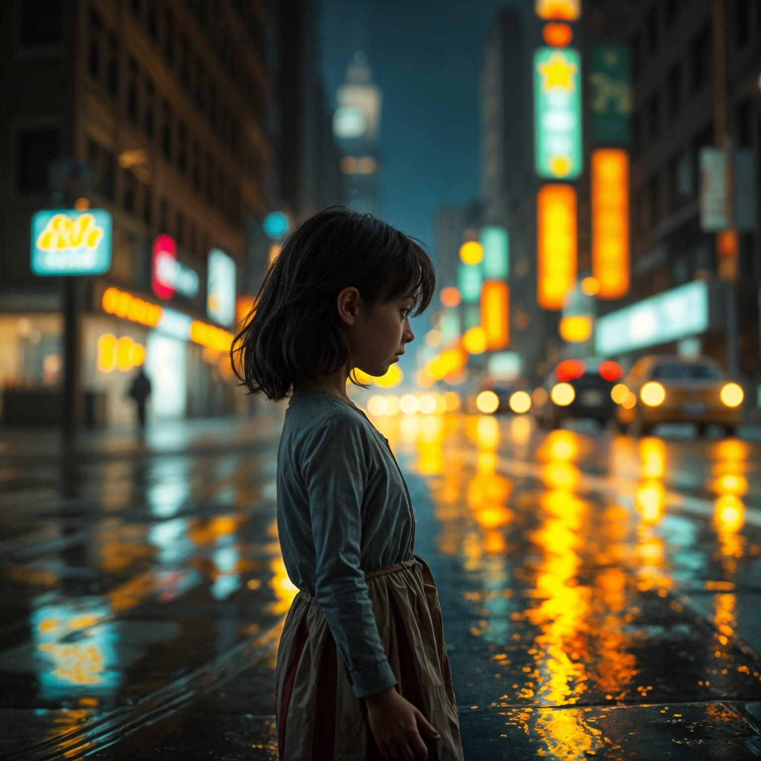 Child's Reflections on Rainy Streets Blending Reality and Im...
