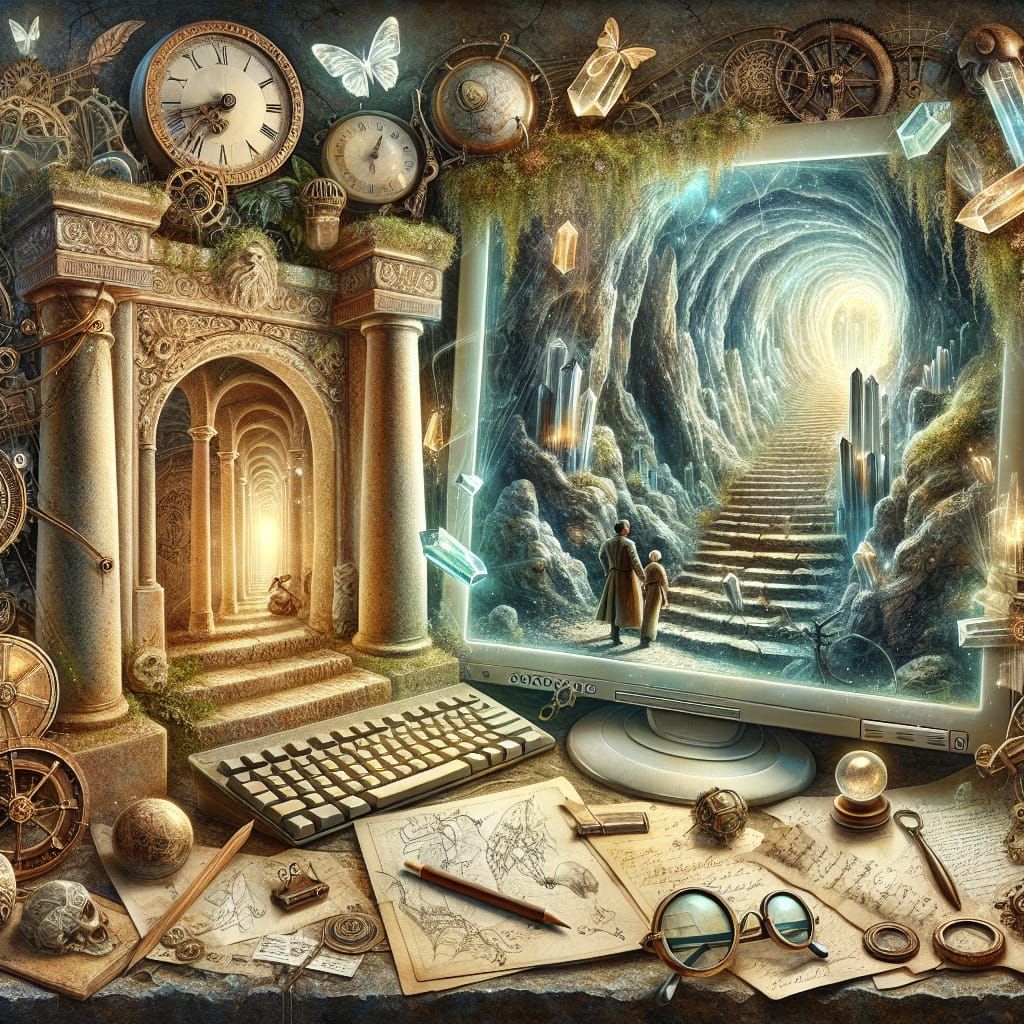 Adventurous Scene with Steampunk Elements and Crystal Cave