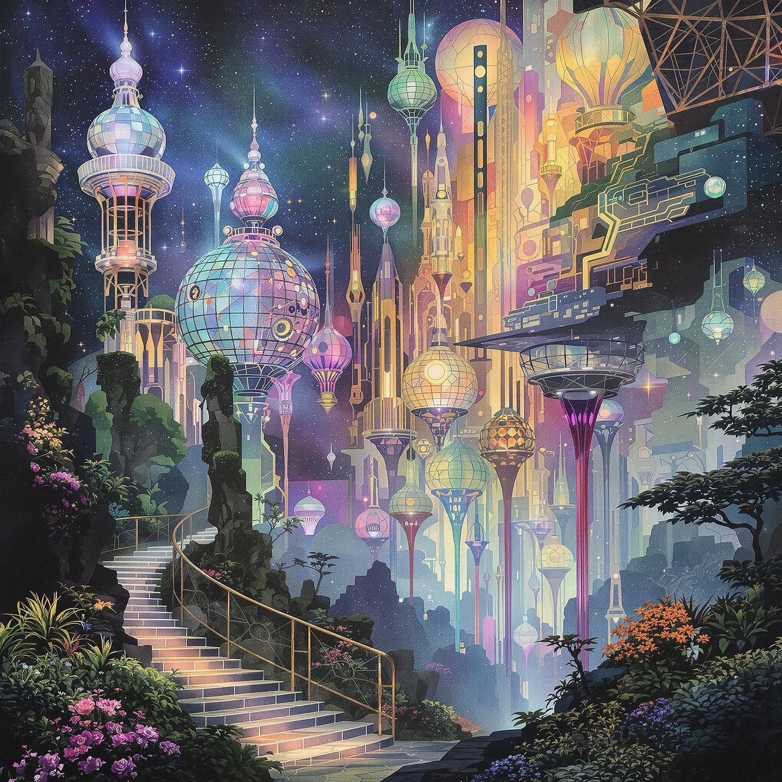 Ethereal Space City Masterpiece in Opalescent Flux