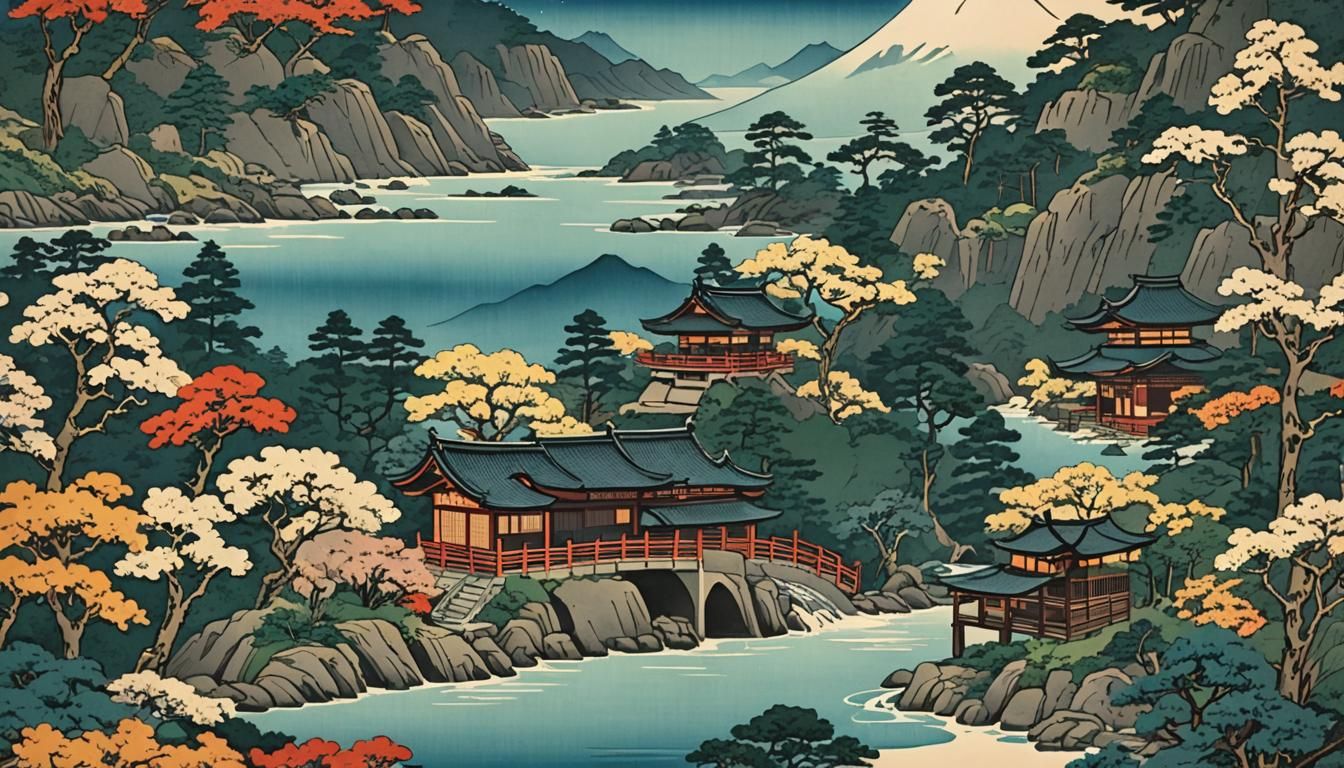 Ukiyo-e Woodblock Print Landscape Illustration