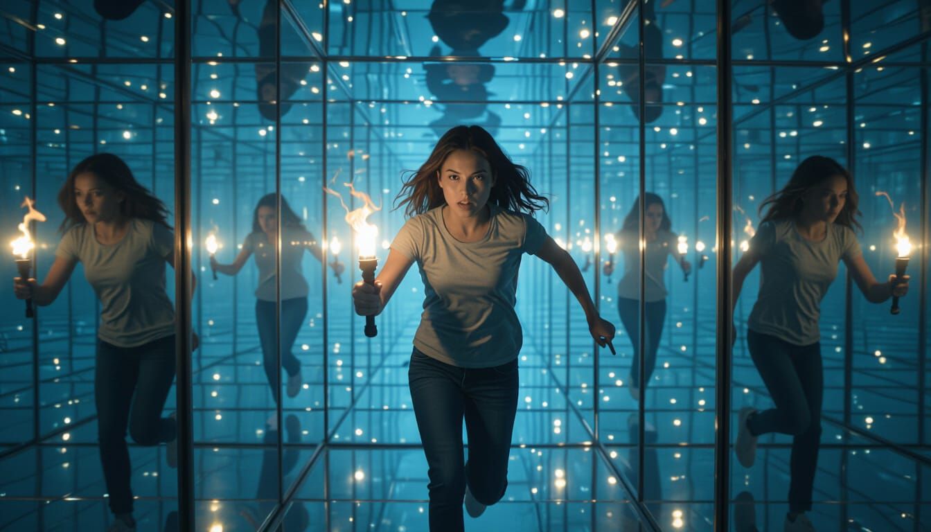 Girl Sprinting Through Mirror Maze with Torch