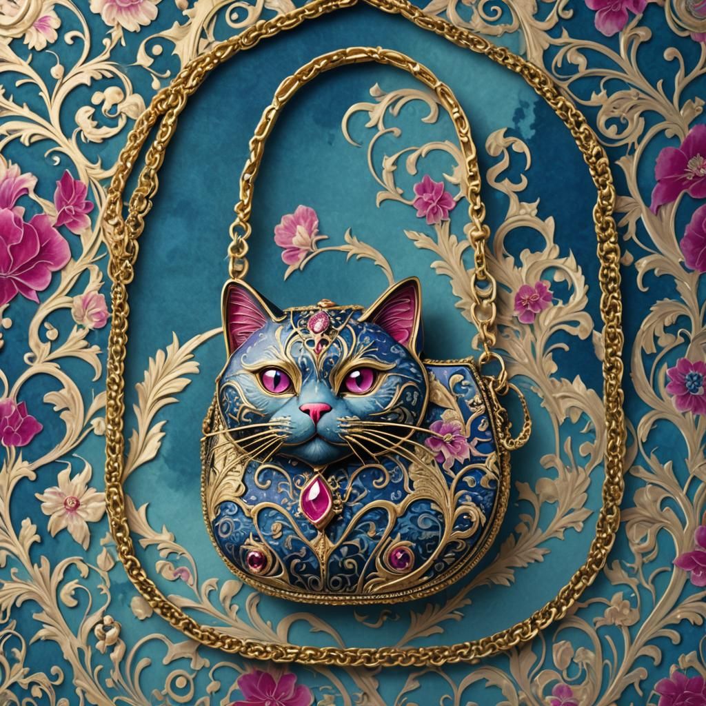 Ornate Damask Cat Purse in Baroque Art Nouveau Style