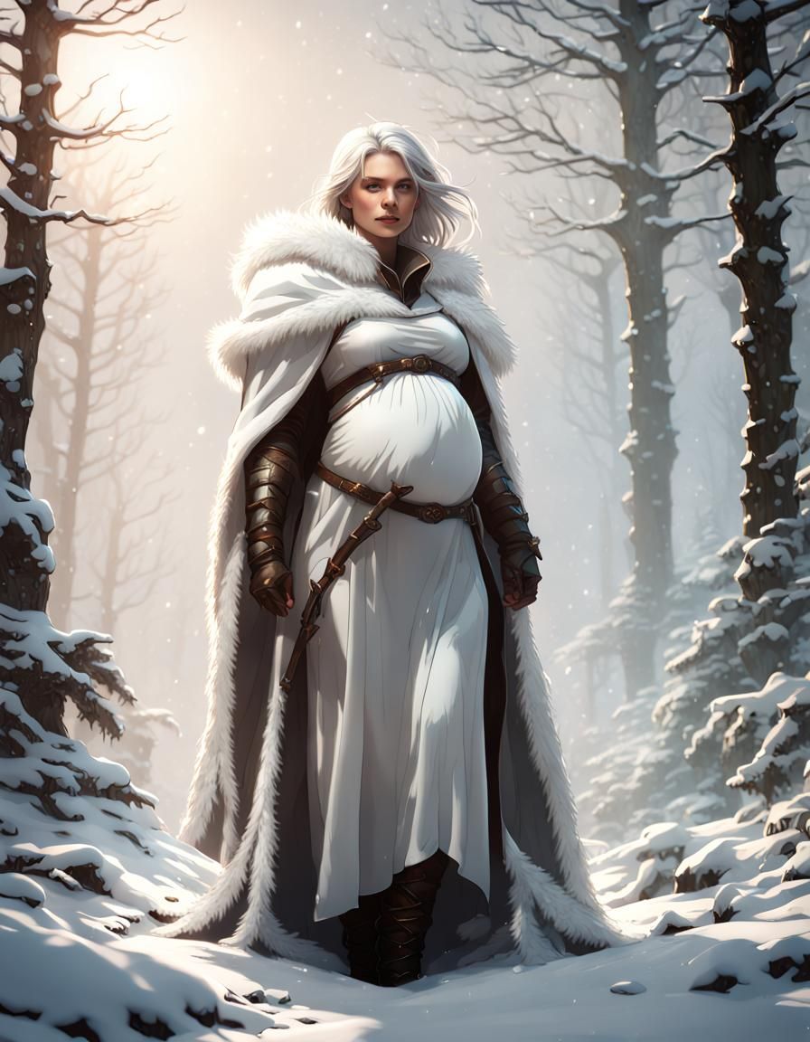 Pregnant Ranger in Snowy Forest, Dark Fantasy Art
