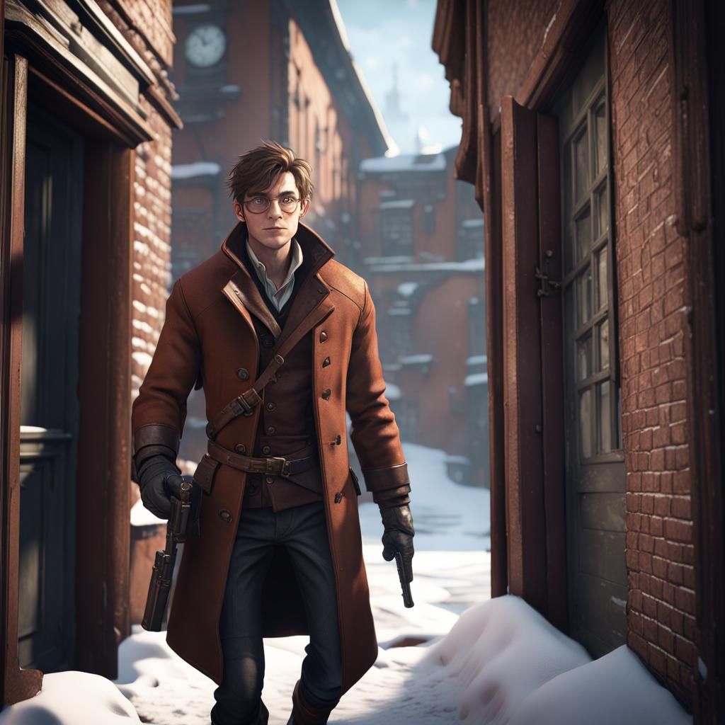 Young Man with Book and Gun in Snowy Alley