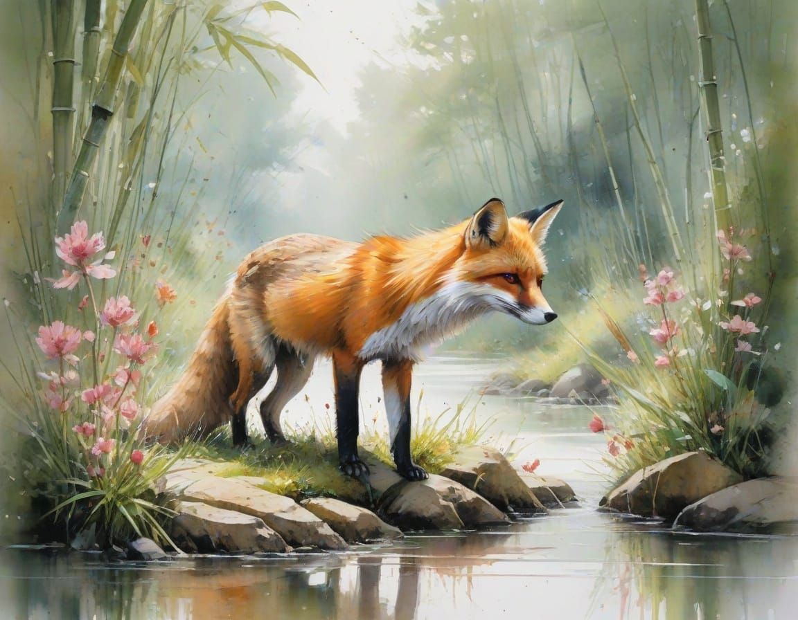 Red Fox on Bamboo Causeway in Watercolor