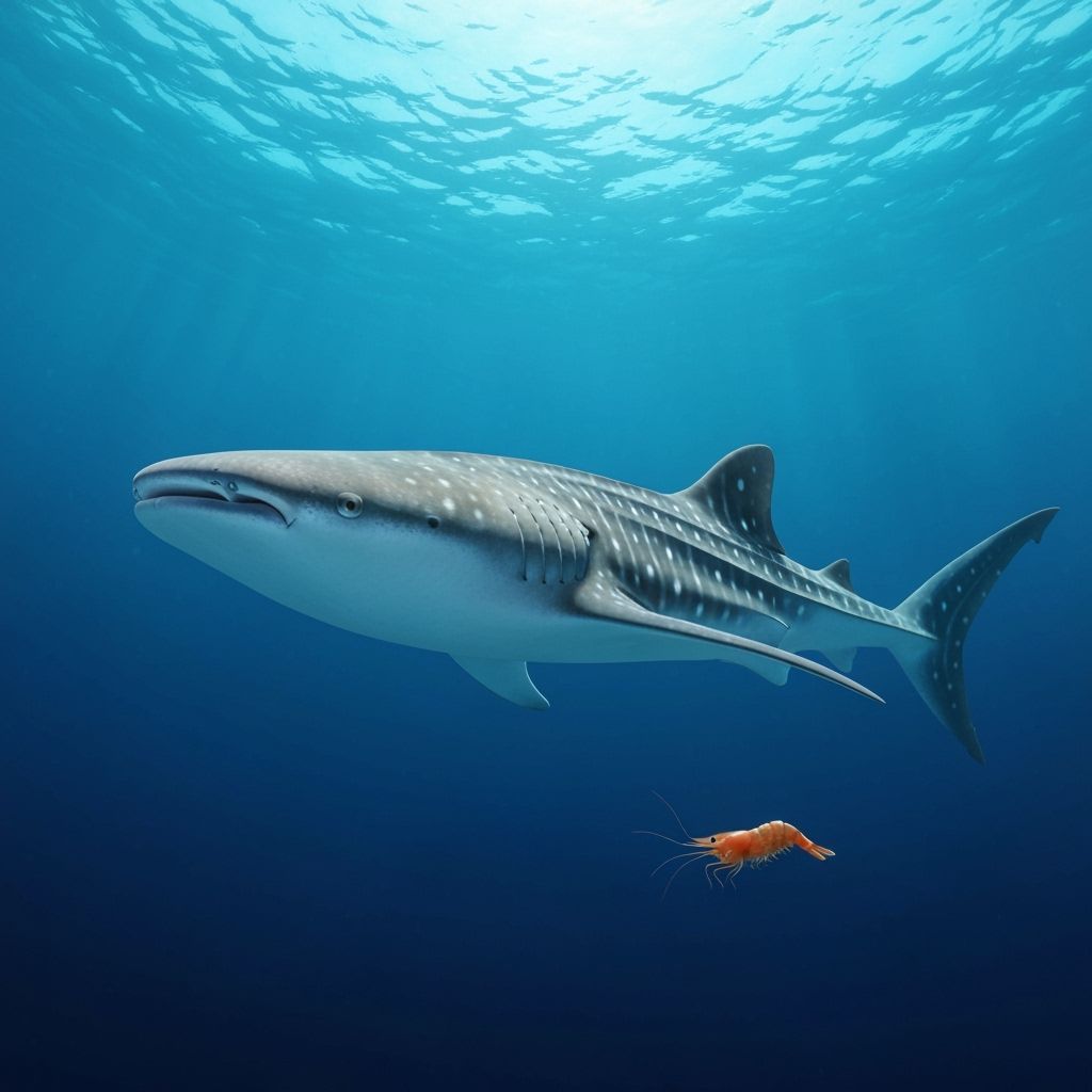 Whale Shark and Shrimp Swim in Deep Ocean