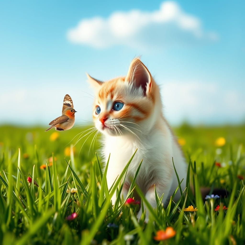 Gatto Birmano in un Pomeriggio soleggiato in un prato di fio...