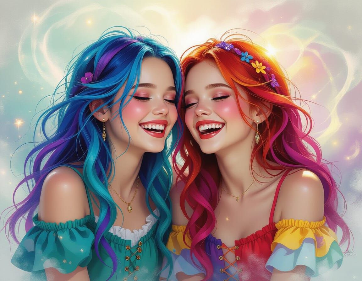 Ethereal Fantasy: Two Laughing Girls with Vibrant Hair