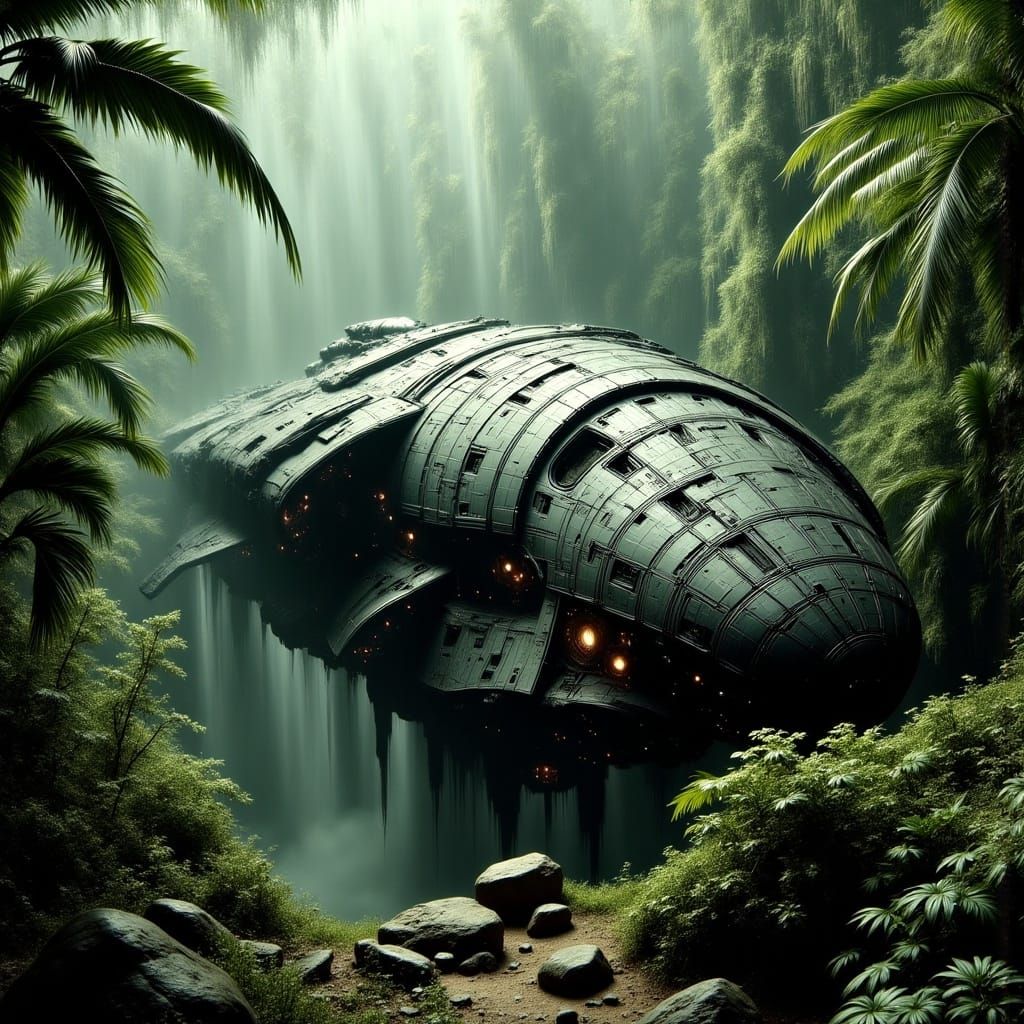 Abandoned Spaceship Overgrown in a Jungle Planet Landscape