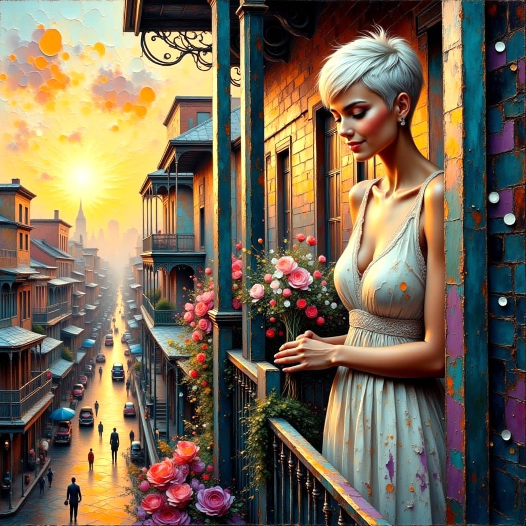 Woman with White Hair on Balcony, Jazz Band Below