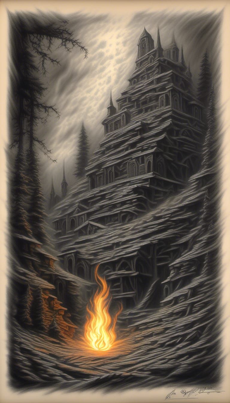 Eternal Flame Flickering: Iridescent Digital Charcoal Art