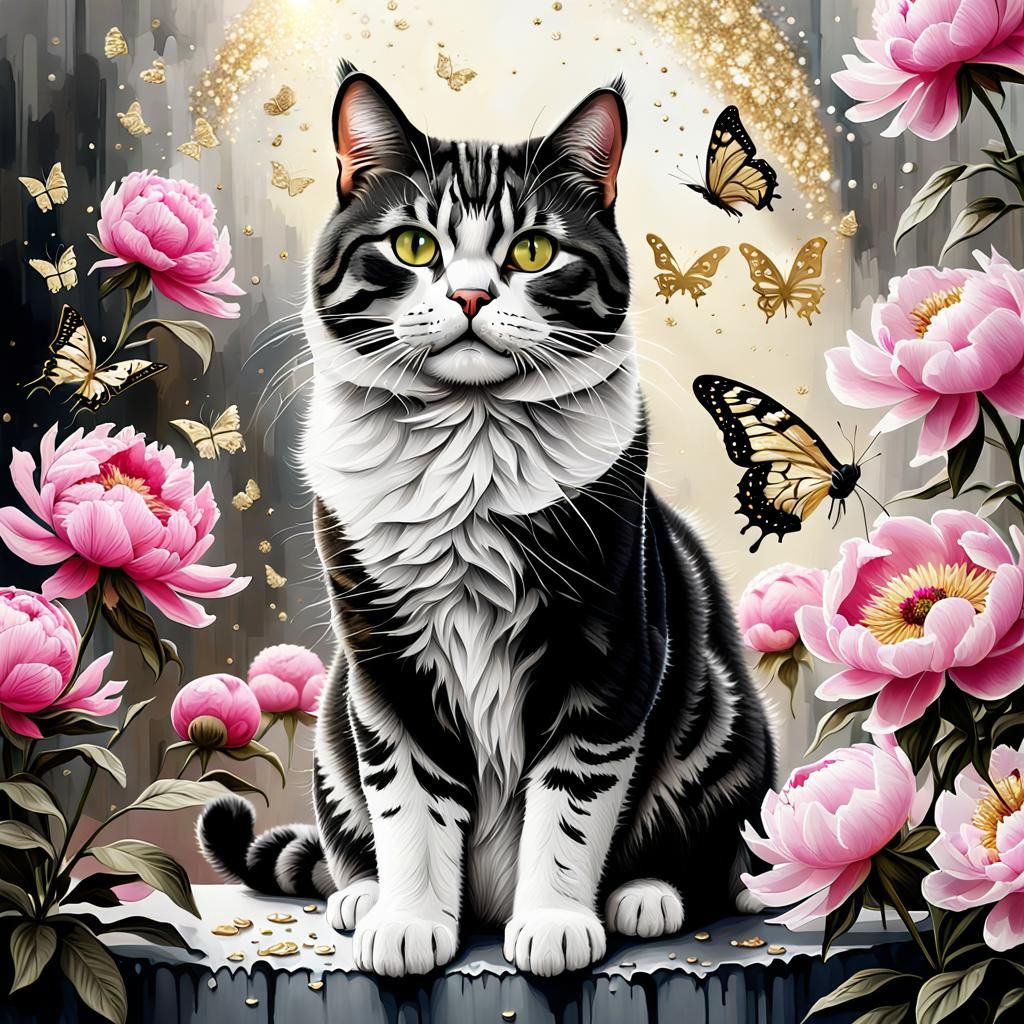 Tabby Cat with Peonies and Gold Butterflies