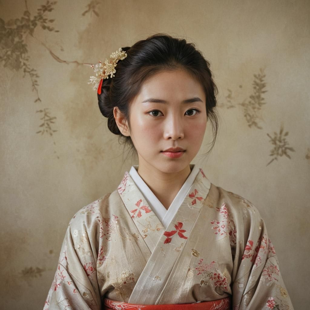 Japanese Woman in Kimono: Hyper-Realistic Oil Painting