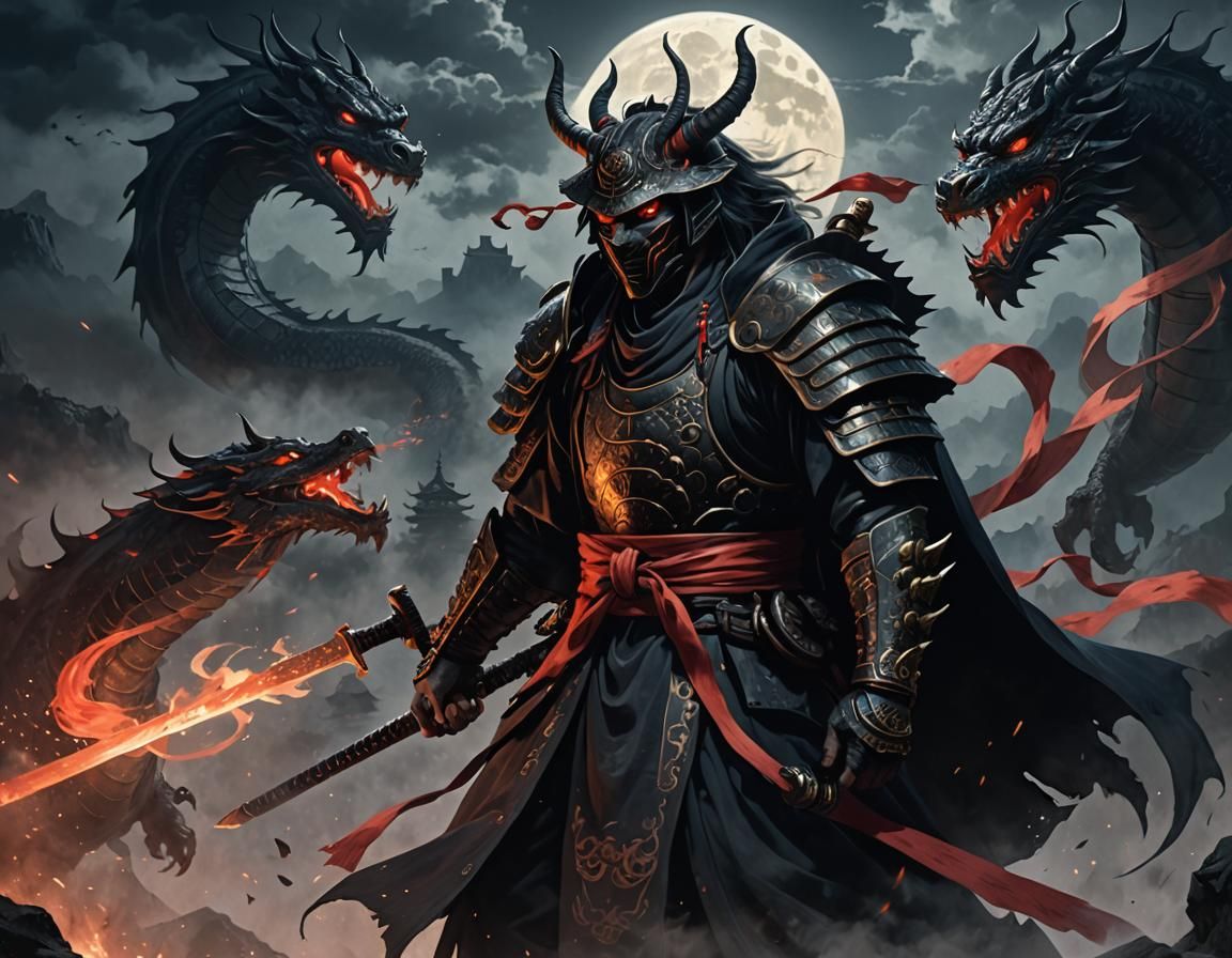 Samurai Dragon Under Moonlight: Dark Fantasy Art