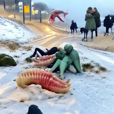 Alien Creatures Attack People in Winter Scene