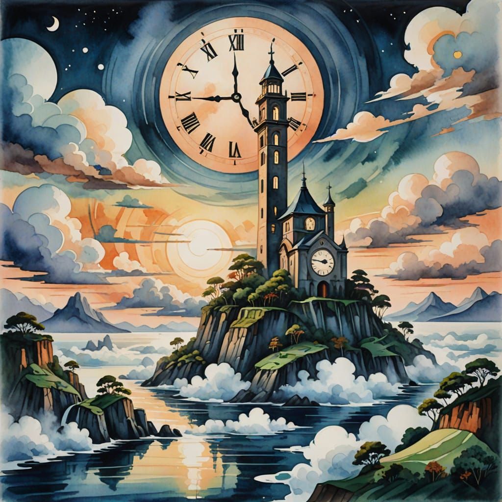 Surreal Clock Tower Island in Cloud Sea