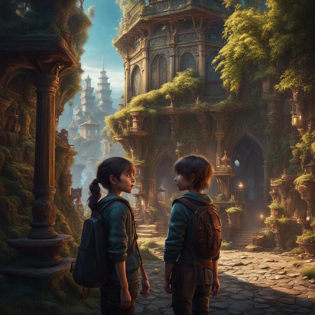 Boy and Girl Waiting in a Fantastical World