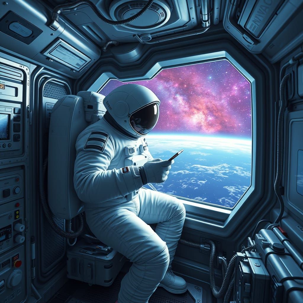 Astronaut in Cosmic Spacesuit Prepares for EVA in Futuristic...