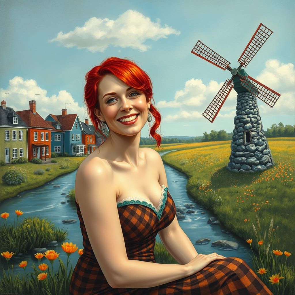 Busty Pinup Woman in Whimsical Landscape