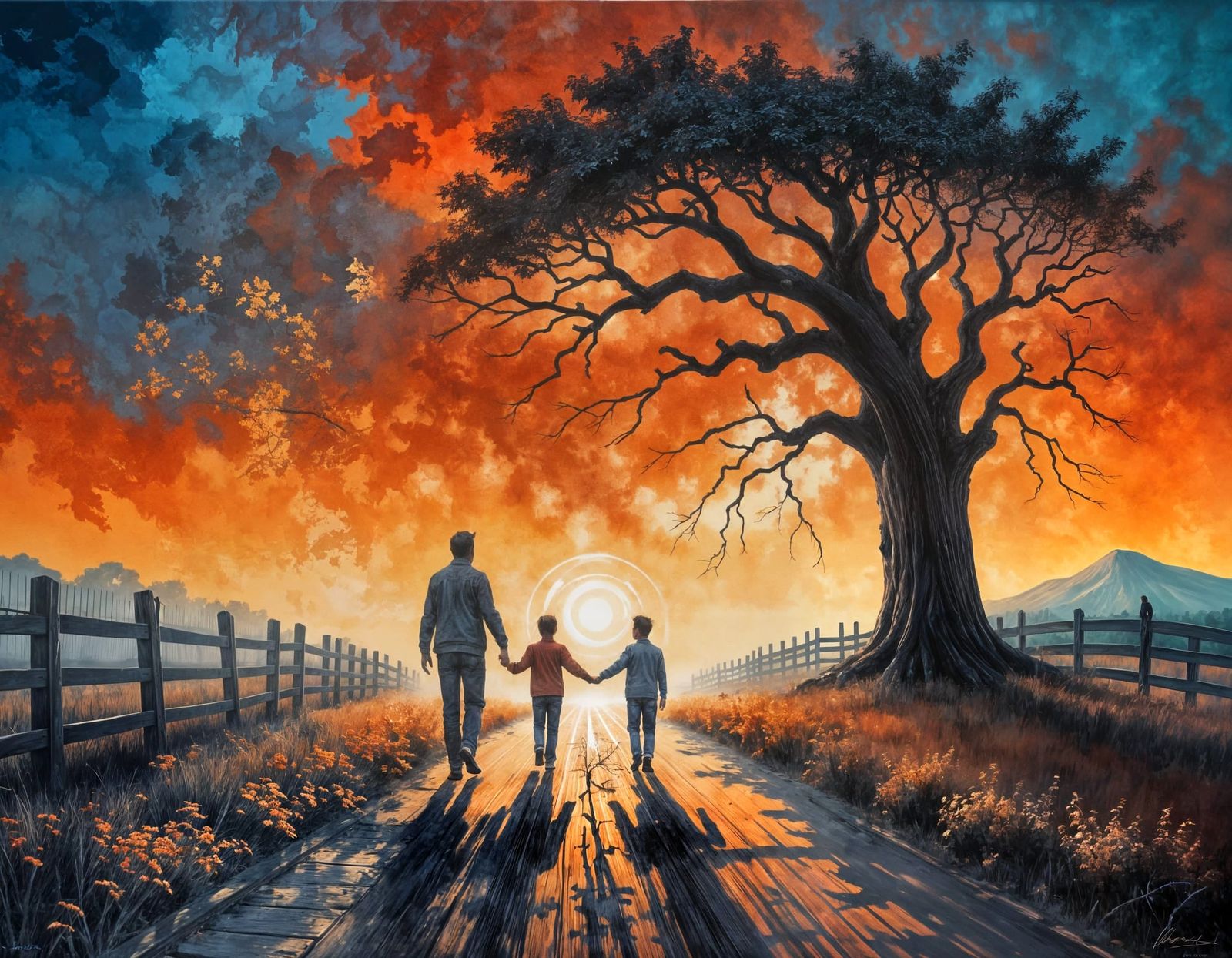 Man and Child Journey into Light: Painterly Silhouette