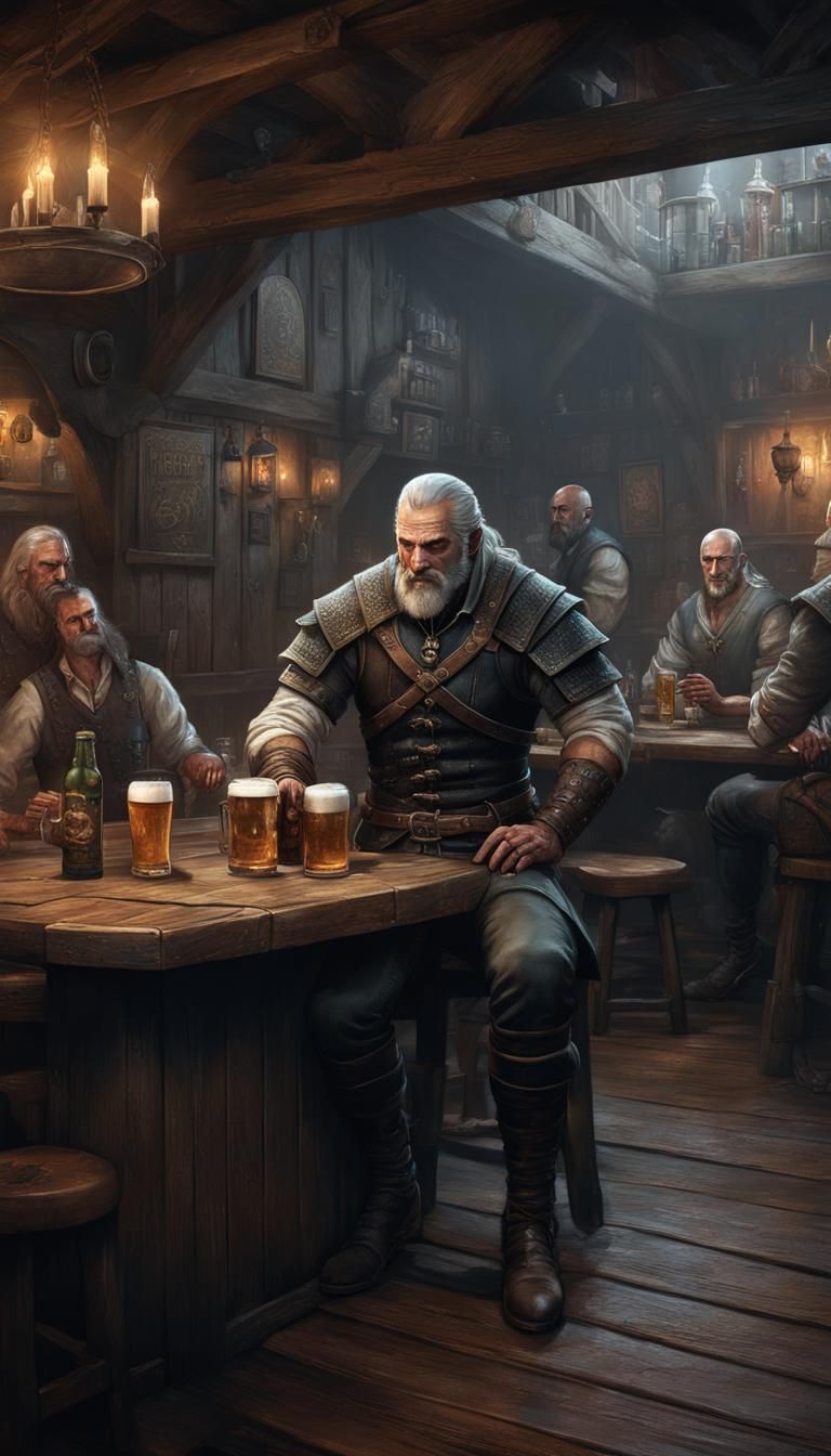 Hyperdetailed Witcher in Tavern, Dark Fantasy Concept Art