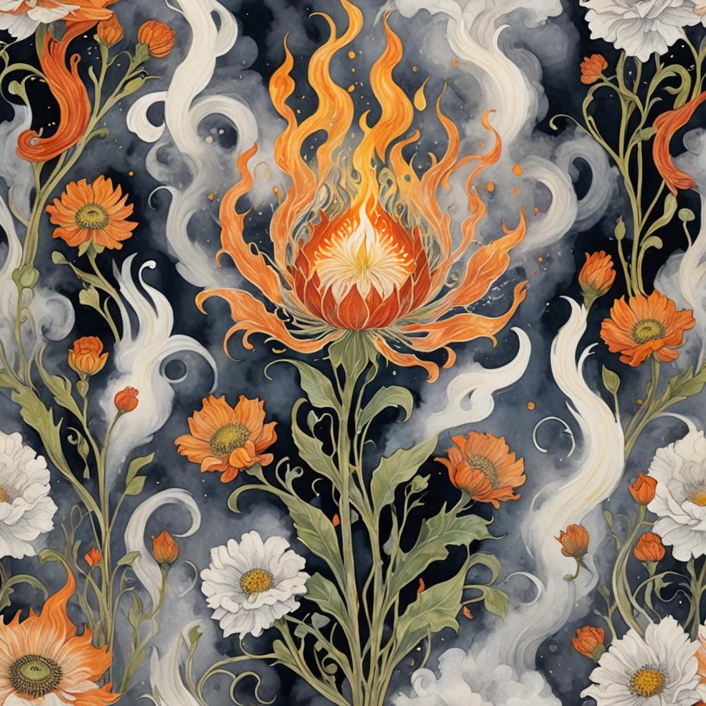 Art Nouveau Flower of Flames in Gouache Style