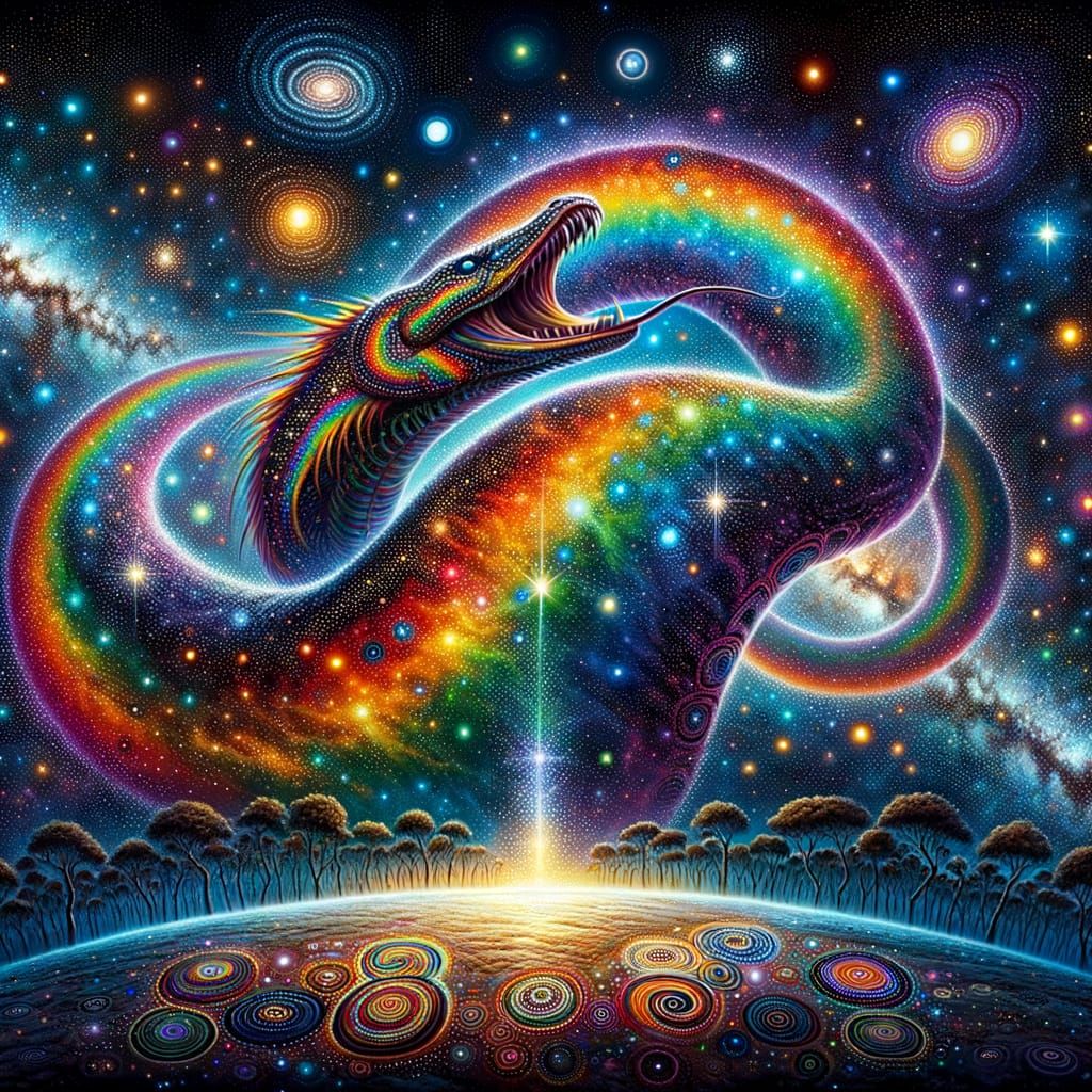 Cosmic Rainbow Serpent in Aboriginal Art Style