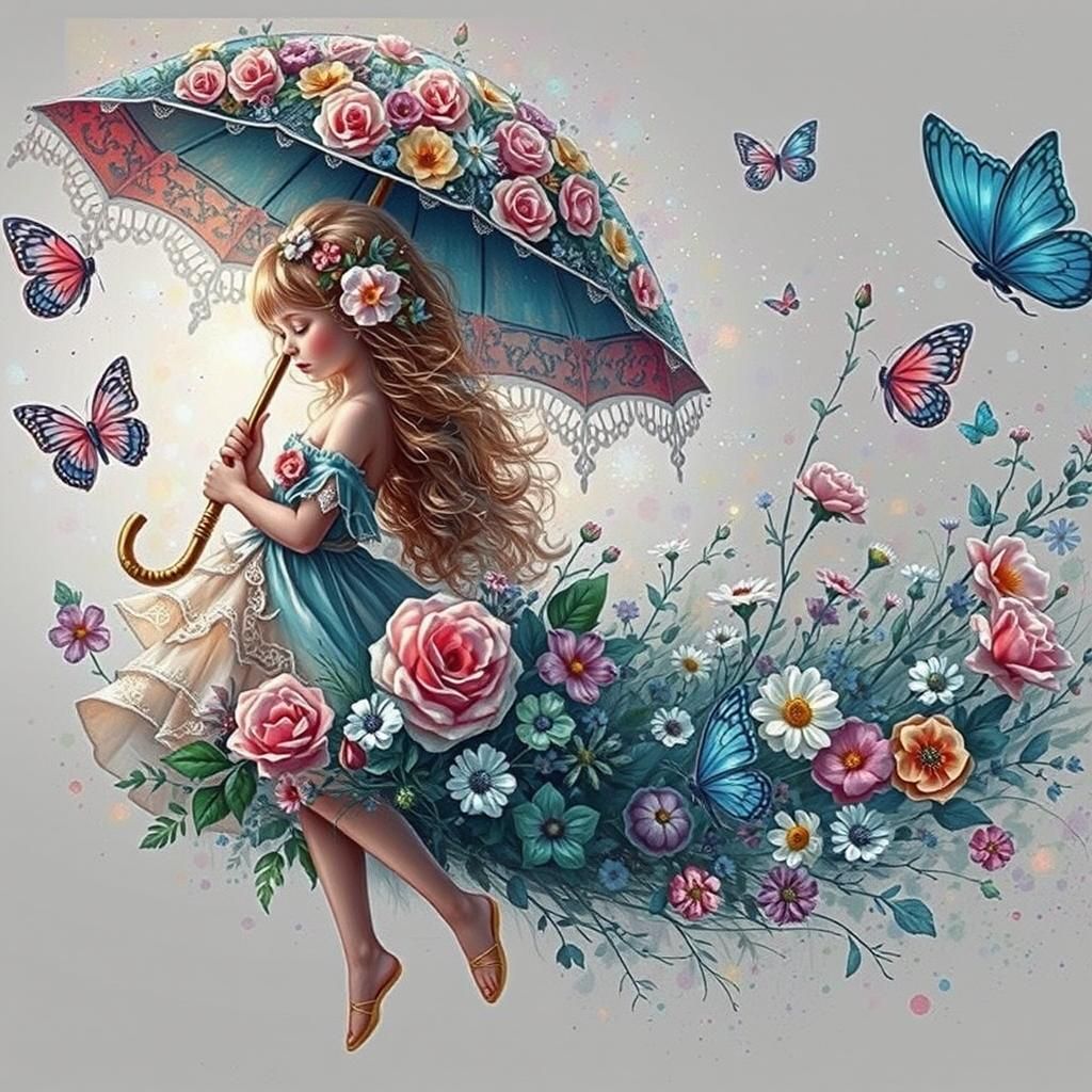 Girl in Floral Meadow with Umbrella
