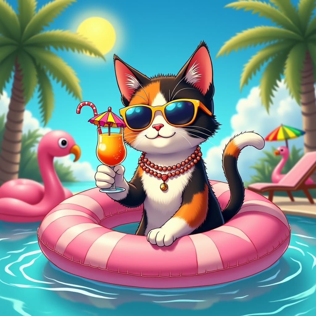 Calico Cat's Poolside Cocktail in Anime Style
