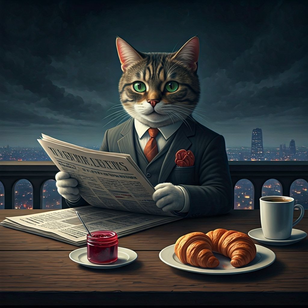 Anthropomorphic Cat Breakfast on Balcony in Digital Painting...