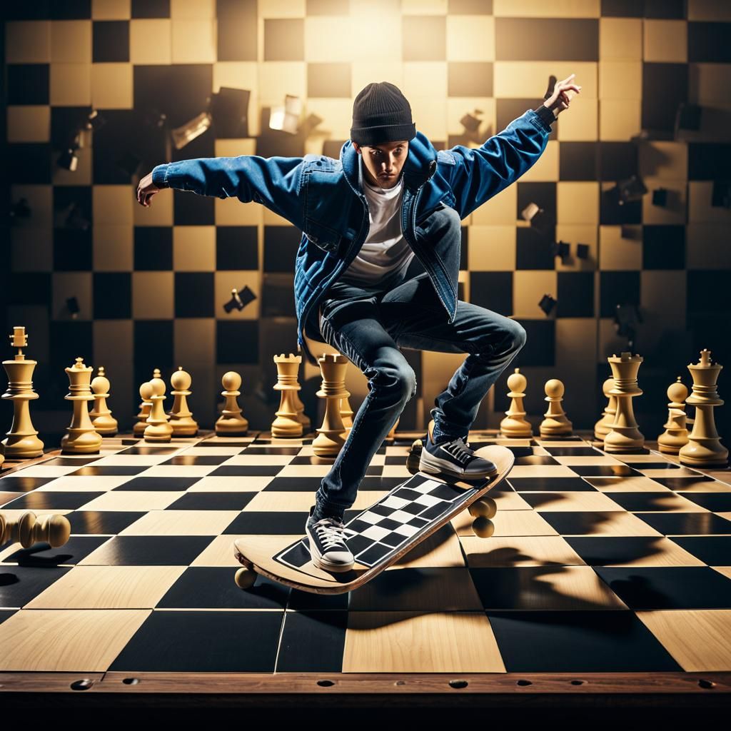 Skateboarder's Chessboard Flight: Animated Game in Motion