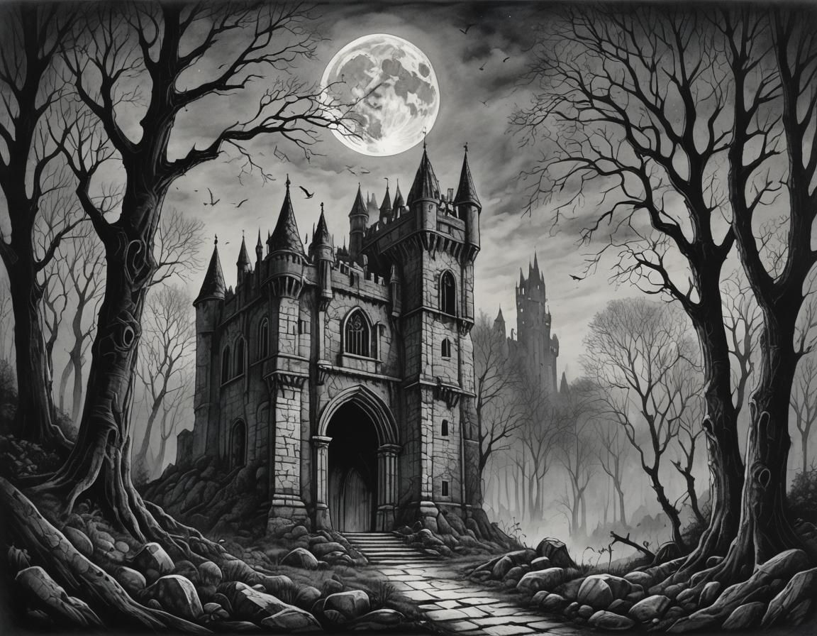 Mystical Gothic Castle Ruins in Moonlit Forest