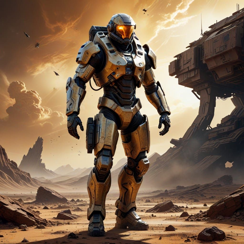 Futuristic Soldier in Exosuit on War-Torn Planet