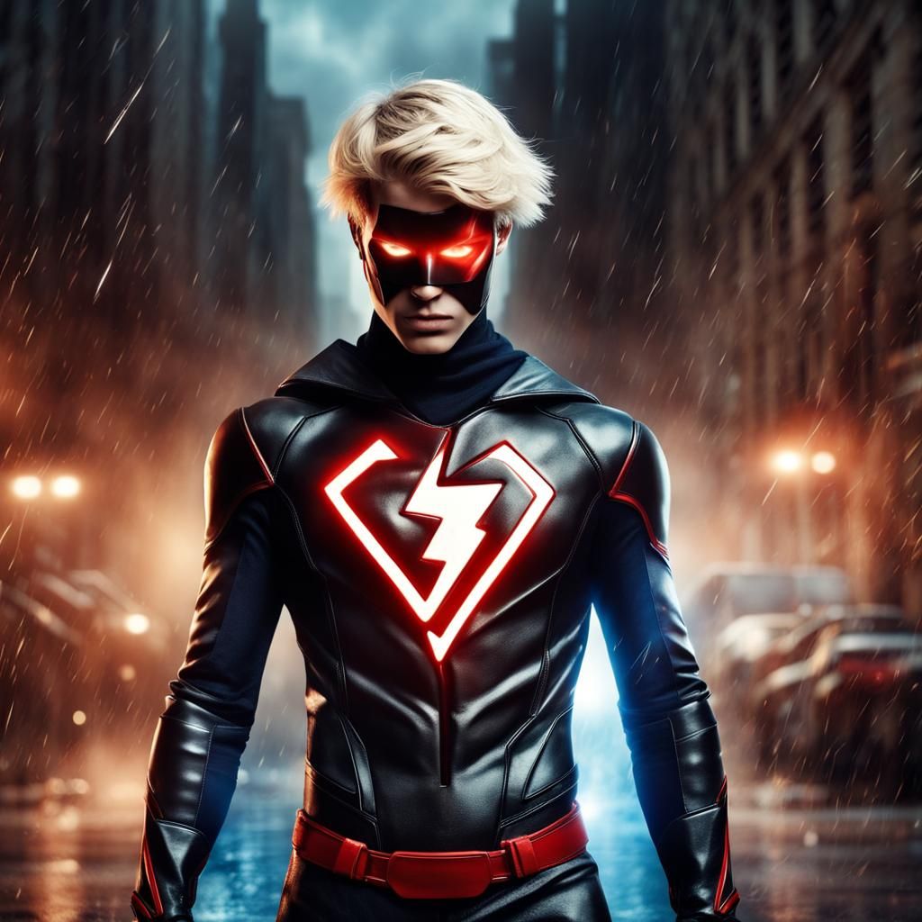 Teenage Superhero with Lightning Symbol in City