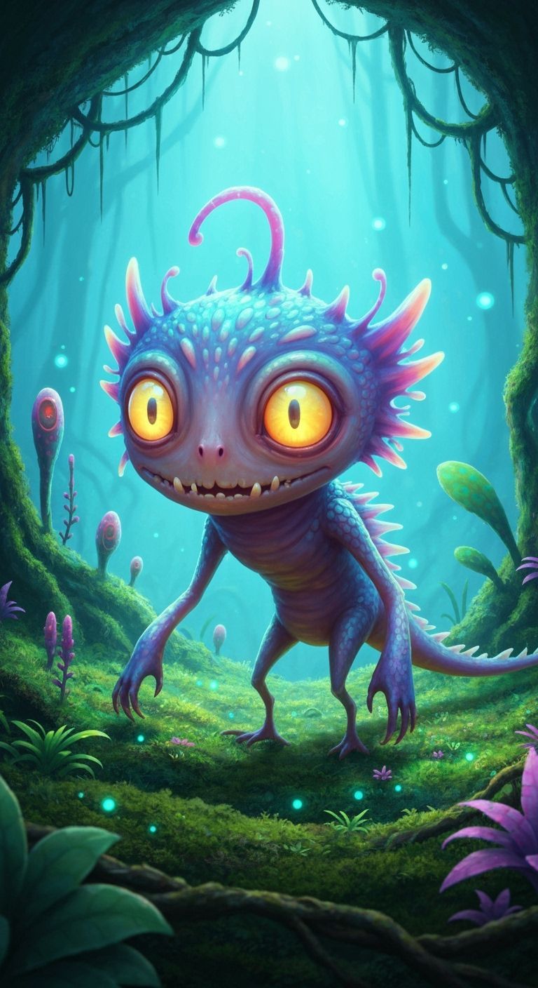 Bizarre Creature with Luminous Eyes in Ethereal Forest